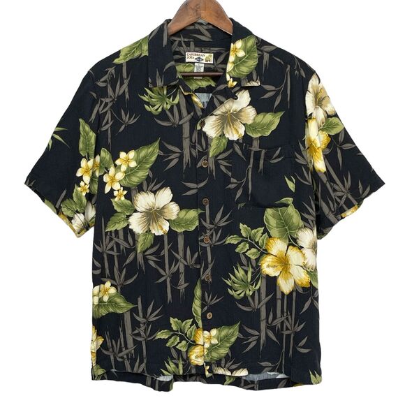 Caribbean Joe‎ Hawaiian Shirt Men Size L Black Hibiscus Flowers Leaves Tropical - Picture 1 of 10